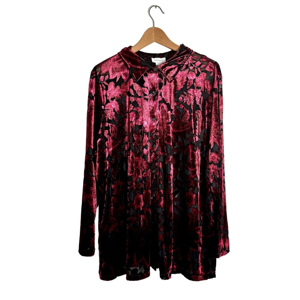 Avenue Women's Velvet Burnout Button Up Top Long Sleeve Red Sz 3XL Velour Floral